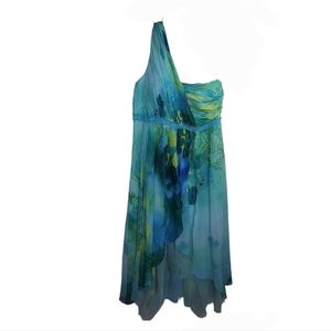 TENDENCY Chiffon One Shoulder Flowing Dress Watercolor Blue Green Sz XXL NWT